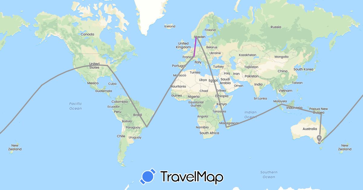 TravelMap itinerary: driving, plane, train in Australia, Brazil, Switzerland, Madagascar, Norway, Papua New Guinea, Singapore, United States (Africa, Asia, Europe, North America, Oceania, South America)